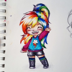 Size: 1036x1036 | Tagged: safe, artist:gummigator, rainbow dash, human, g4, chibi, clothes, converse, female, humanized, shoes, sneakers, solo, traditional art