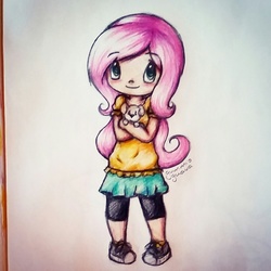 Size: 1280x1280 | Tagged: safe, artist:gummigator, fluttershy, dog, human, g4, clothes, converse, female, humanized, pigeon toed, shoes, skirt, sneakers, solo, traditional art