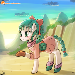 Size: 750x750 | Tagged: safe, artist:lumineko, pony, g4, scare master, 30 minute art challenge, braid, braided tail, bulma, clothes, dragon ball, patreon, patreon logo, ponified, raised hoof, smiling, solo