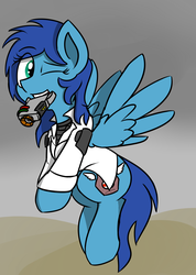 Size: 1716x2416 | Tagged: safe, artist:coatieyay, oc, oc only, oc:lavender skies, pegasus, pony, fallout equestria, bulletproof vest, clothes, commission, gun, lab coat, mouth hold, solo, weapon, wink