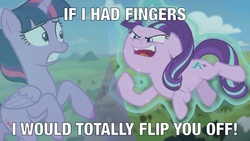 Size: 800x450 | Tagged: safe, edit, edited screencap, screencap, starlight glimmer, twilight sparkle, alicorn, pony, g4, the cutie re-mark, female, glowing horn, horn, image macro, implied middle finger, levitation, magic, mare, meme, self-levitation, telekinesis, twilight sparkle (alicorn)