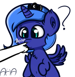 Size: 1100x1119 | Tagged: safe, artist:an-honest-appul, princess luna, human, g4, belly button, boop, confused, cross-eyed, cute, filly, fluffy, frown, hand, lunabetes, question mark, s1 luna, simple background, wavy mouth, white background, woona, younger