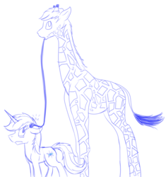 Size: 1194x1270 | Tagged: safe, artist:swiftsketchpone, oc, oc only, oc:gyro tech, oc:rothschild, giraffe, pony, unicorn, impossibly long tongue, male, monochrome, sketch, stallion, tongue out