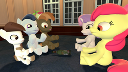Size: 1920x1080 | Tagged: safe, artist:viranimation, apple bloom, button mash, pipsqueak, rumble, sweetie belle, earth pony, pegasus, pony, unicorn, g4, 3d, colt, female, filly, gmod, male, shipping, sitting, spin the bottle