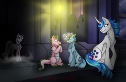 Size: 2422x1584 | Tagged: safe, artist:tardyprincess, baby lucky, majesty, spike, twilight, dragon, pony, unicorn, g1, g4, accessory theft, bow, crown, family, female, male, mare, tail, tail bow