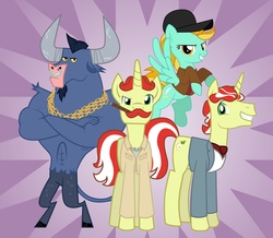 Size: 1600x1398 | Tagged: safe, artist:mlp-silver-quill, idw, flam, flim, iron will, lightning dust, minotaur, pegasus, pony, unicorn, g4, a-team, b.a. baracus, baseball cap, cap, cigarette, clothes, crossed arms, facial hair, female, flim flam brothers, hat, howling mad murdock, john hannibal smith, male, moustache, nose piercing, nose ring, parody, piercing, septum piercing, shirt, stallion, templeton peck