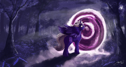 Size: 1662x890 | Tagged: safe, artist:mechagen, oc, oc only, alicorn, pony, alicorn oc, forest, night, portal