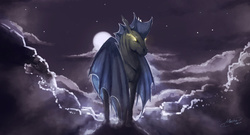 Size: 2216x1200 | Tagged: safe, artist:mechagen, bat pony, pony, cloud, hoers, moon, night, solo