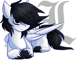 Size: 1669x1297 | Tagged: safe, artist:goosebumps-fan57, pegasus, pony, death note, frown, glare, hair over one eye, l lawliet, ponified, prone, solo, unshorn fetlocks