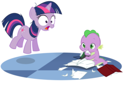 Size: 1024x719 | Tagged: safe, artist:queencold, spike, twilight sparkle, dragon, pony, unicorn, g4, baby, baby dragon, baby spike, bibliovore, book, duo, eating, filly, filly twilight sparkle, jumping, paper, pica, shocked, simple background, the horror, transparent background, unicorn twilight, vector