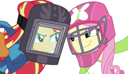 Size: 3113x1801 | Tagged: safe, artist:sketchmcreations, fluttershy, sunset shimmer, equestria girls, g4, my little pony equestria girls: friendship games, duo, hockey, right there in front of me, simple background, smiling, sunset welder, transparent background, vector, welding mask