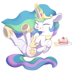 Size: 837x832 | Tagged: safe, artist:sion, princess celestia, pony, g4, cake, cakelestia, cute, cutelestia, female, food, happy, magic, solo, telekinesis