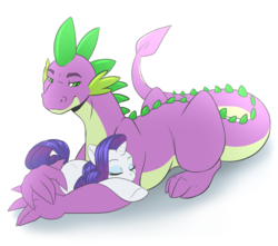Size: 1077x950 | Tagged: safe, artist:silkensaddle, rarity, spike, g4, female, male, older, older spike, ship:sparity, shipping, size difference, sleeping, straight