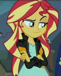 Size: 218x270 | Tagged: safe, screencap, sunset shimmer, equestria girls, g4, my little pony equestria girls: friendship games, animated, cropped, dreamworks face, female, gif, grin, looking at you, raised eyebrow, smiling, smug, smugset shimmer, solo