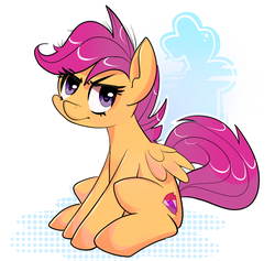 Size: 949x900 | Tagged: safe, artist:gsphere, scootaloo, pegasus, pony, g4, abstract background, cute, cutealoo, female, filly, foal, grumpy, looking at you, sitting, solo, spread wings, style emulation, the cmc's cutie marks, wings