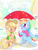 Size: 1200x1600 | Tagged: safe, artist:phoenixperegrine, applejack, rainbow dash, earth pony, pegasus, pony, g4, blushing, breath, chibi, clothes, cold, female, lesbian, scarf, ship:appledash, shipping, snow, snowfall, umbrella, winter