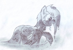 Size: 2686x1846 | Tagged: artist needed, safe, derpy hooves, pegasus, pony, g4, female, mare, monochrome, mud, muddy, traditional art