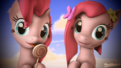 Size: 3840x2160 | Tagged: safe, artist:funsketch, pinkie pie, g4, 3d, bow, candy, cute, cuteamena, diapinkes, duality, flower, food, hair bow, high res, licking, lollipop, looking at you, pinkamena diane pie, sky, smiling, source filmmaker, tongue out