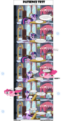 Size: 3072x6061 | Tagged: safe, artist:j-bronyind, pinkie pie, princess celestia, twilight sparkle, earth pony, pony, unicorn, g4, angry, chocolate, chocolate milk, comic, everything is ruined, female, floppy ears, food, fourth wall, frown, glare, gritted teeth, grumpy, mare, meme, milk, offscreen character, open mouth, out of character, portal, raised eyebrow, smiling, spilled milk, unamused, unicorn twilight, wide eyes, yelling