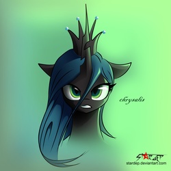 Size: 4000x4000 | Tagged: safe, artist:stardep, queen chrysalis, changeling, changeling queen, g4, bust, crown, female, gradient background, jewelry, looking at you, portrait, regalia, solo