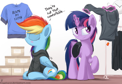 Size: 2900x2000 | Tagged: safe, artist:bugplayer, rainbow dash, twilight sparkle, alicorn, pony, g4, blame my sister, blatant lies, bugplayer is trying to murder us, clothes, cute, dashabetes, duo, eyes closed, female, high res, hoodie, horn, i can't believe it's not ncmares, levitation, magic, magic shirt, mare, raised hoof, signature, sitting, telekinesis, twiabetes, twilight sparkle (alicorn)