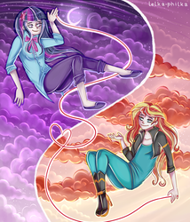 Size: 864x1008 | Tagged: safe, artist:lelka-philka, sunset shimmer, twilight sparkle, equestria girls, g4, clothes, cloud, duo, heart, high heel boots, human coloration, humanized, jacket, moon, pants, red string of destiny, slippers, stars, string