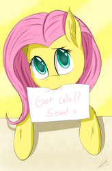 Size: 1800x2750 | Tagged: safe, artist:smowu, fluttershy, g4, female, get well soon, mouth hold, sign, solo