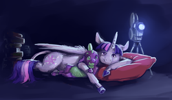 Size: 4000x2335 | Tagged: safe, artist:cuttledreams, spike, twilight sparkle, alicorn, classical unicorn, pony, g4, cuddling, female, film projector, horn, leonine tail, mare, movie night, pillow, prone, snuggling, spikelove, twilight sparkle (alicorn)