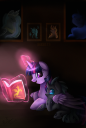 Size: 1726x2550 | Tagged: safe, artist:pridark, princess celestia, princess luna, twilight sparkle, oc, alicorn, changeling, pony, g4, book, fanfic art, female, hug, magic, mare, prone, telekinesis, twilight sparkle (alicorn), winghug