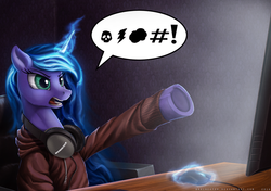 Size: 1279x900 | Tagged: safe, artist:bra1neater, princess luna, gamer luna, g4, censored vulgarity, clothes, computer, female, grawlixes, headphones, hoodie, magic, solo, swearing, telekinesis, underhoof