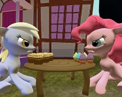Size: 1280x1024 | Tagged: safe, artist:soad24k, derpy hooves, pinkie pie, pegasus, pony, g4, 3d, angry, cupcake, cupcakes vs muffins, derpy hooves is not amused, female, food, gmod, gritted teeth, let them fight, mare, muffin, pinkie pie is not amused, sugarcube corner, teeth, ultimate showdown of ultimate destiny, unamused