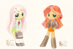 Size: 1632x1096 | Tagged: safe, artist:howxu, fluttershy, sunset shimmer, human, g4, chibi, duo, humanized, traditional art, watercolor painting