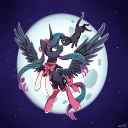 Size: 4000x4000 | Tagged: safe, artist:mapony240, princess luna, alicorn, cat, g4, bow, clothes, horn, luna (sailor moon), moon, neck bow, night, sailor luna, sailor moon (series), sky, socks, spread wings, wings