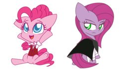 Size: 1800x1000 | Tagged: safe, artist:geraritydevillefort, pinkie pie, g4, clothes, dr jekyll and mr hyde, dr pinkie and miss pie, duality, full body, looking back, looking up, pinkamena diane pie, simple background, sitting, standing, transparent background, y pose
