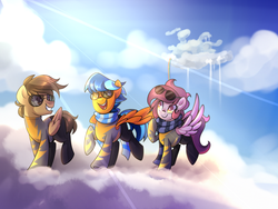 Size: 2500x1875 | Tagged: safe, artist:drawntildawn, oc, oc only, oc:lightning rider, oc:shine racer, pegasus, pony, clothes, cloud, cloudsdale, glasses, scarf, sky, suit, sunglasses