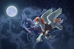 Size: 1446x954 | Tagged: safe, artist:demonic-pokeyfruit, oc, oc only, oc:blitzkrieg, oc:starbright, pegasus, pony, cloud, colored wings, colored wingtips, duo, female, flying, full moon, jewelry, male, mare, moon, necklace, night, sky, stallion, starry night, unshorn fetlocks, windswept mane