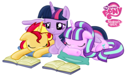 Size: 1194x736 | Tagged: safe, artist:majkashinoda626, starlight glimmer, sunset shimmer, twilight sparkle, alicorn, pony, unicorn, g4, book, counterparts, cute, eyes closed, glimmerbetes, magical trio, my little pony logo, pillow, shimmerbetes, simple background, sleeping, transparent background, trio, twilight sparkle (alicorn), twilight's counterparts