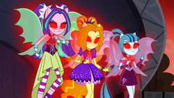 Size: 1366x768 | Tagged: safe, screencap, adagio dazzle, aria blaze, sonata dusk, siren, equestria girls, g4, my little pony equestria girls: rainbow rocks, angry, confused, confusion, dazzling, fin wings, glowing eyes, ponied up, red eyes, sleeveless, the dazzlings, trio, uh oh, welcome to the show