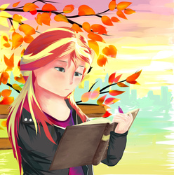 Size: 1024x1034 | Tagged: safe, artist:offknight, sunset shimmer, human, g4, autumn, bench, book, female, humanized, reading, solo