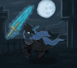 Size: 1200x1070 | Tagged: safe, artist:sensko, princess luna, g4, bloodborne, female, moon, moonlight great sword, moonlight sword, night, solo