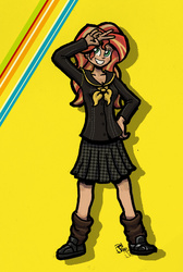 Size: 459x682 | Tagged: safe, artist:sensko, sunset shimmer, human, g4, clothes, crossover, female, humanized, peace sign, persona, persona 4, school uniform, solo