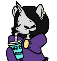 Size: 367x392 | Tagged: safe, artist:ficficponyfic, color edit, edit, oc, oc only, oc:joyride, pony, unicorn, colt quest, adult, alternate clothes, alternate color palette, alternate universe, bowtie, clothes, color, colored, drink, drinking, ear piercing, female, haters gonna hate, horn, mage, mare, piercing, straw