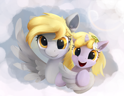 Size: 1537x1200 | Tagged: safe, artist:scootiebloom, derpy hooves, dinky hooves, pegasus, pony, unicorn, g4, cute, derpabetes, dinkabetes, equestria's best mother, female, filly, hug, mare, mother and daughter, winghug