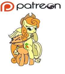 Size: 665x760 | Tagged: safe, artist:linedraweer, applejack, carrot top, golden harvest, g4, angry, bit, bridle, carrotjack, collar, cutie mark, cutie mark collar, domination, female, femdom, femsub, patreon, patreon logo, pet play, pet tag, ponies riding ponies, reins, request, riding, simple background, sitting, submissive, white background