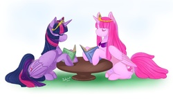 Size: 900x514 | Tagged: safe, artist:yutaila, twilight sparkle, alicorn, pony, g4, adventure time, book, crossover, duo, female, male, mare, ponified, princess bubblegum, reading, twilight sparkle (alicorn)