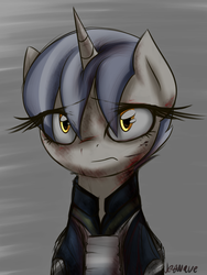 Size: 1600x2127 | Tagged: safe, artist:jetwave, oc, oc only, oc:leaky faucet, pony, unicorn, fallout equestria, fallout equestria: the things we've handed down, blood, bruised, clothes, cut, dirty, jumpsuit, vault suit