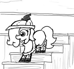 Size: 640x600 | Tagged: safe, artist:ficficponyfic, oc, oc only, oc:emerald jewel, earth pony, pony, colt quest, boat, boots, child, clothes, colt, cyoa, deck, femboy, foal, hat, male, ship, stairs, story included, wood
