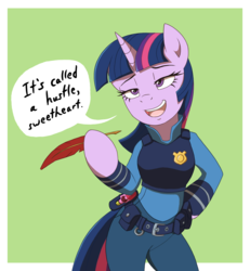 Size: 1875x2025 | Tagged: safe, artist:deannart, twilight sparkle, pony, semi-anthro, g4, arm hooves, badge, belt, bipedal, clothes, crossover, dialogue, disney, disney style, feather, female, front view, grin, hoof hold, judy hopps, lidded eyes, open mouth, pen, police officer, police uniform, quill, quote, reference, simple background, smiling, smug, solo, speech bubble, zootopia