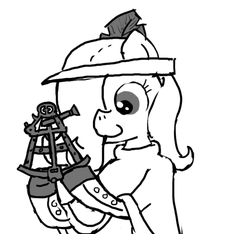 Size: 640x600 | Tagged: safe, artist:ficficponyfic, oc, oc only, oc:emerald jewel, earth pony, pony, colt quest, boots, clothes, colt, cyoa, foal, happy, hat, male, sextant, smiling, story included, studying