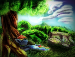 Size: 2100x1600 | Tagged: safe, artist:ferasor, rainbow dash, g4, cloud, cottagecore, eyes closed, female, fluffy, forest, lens flare, on back, relaxing, solo, tree